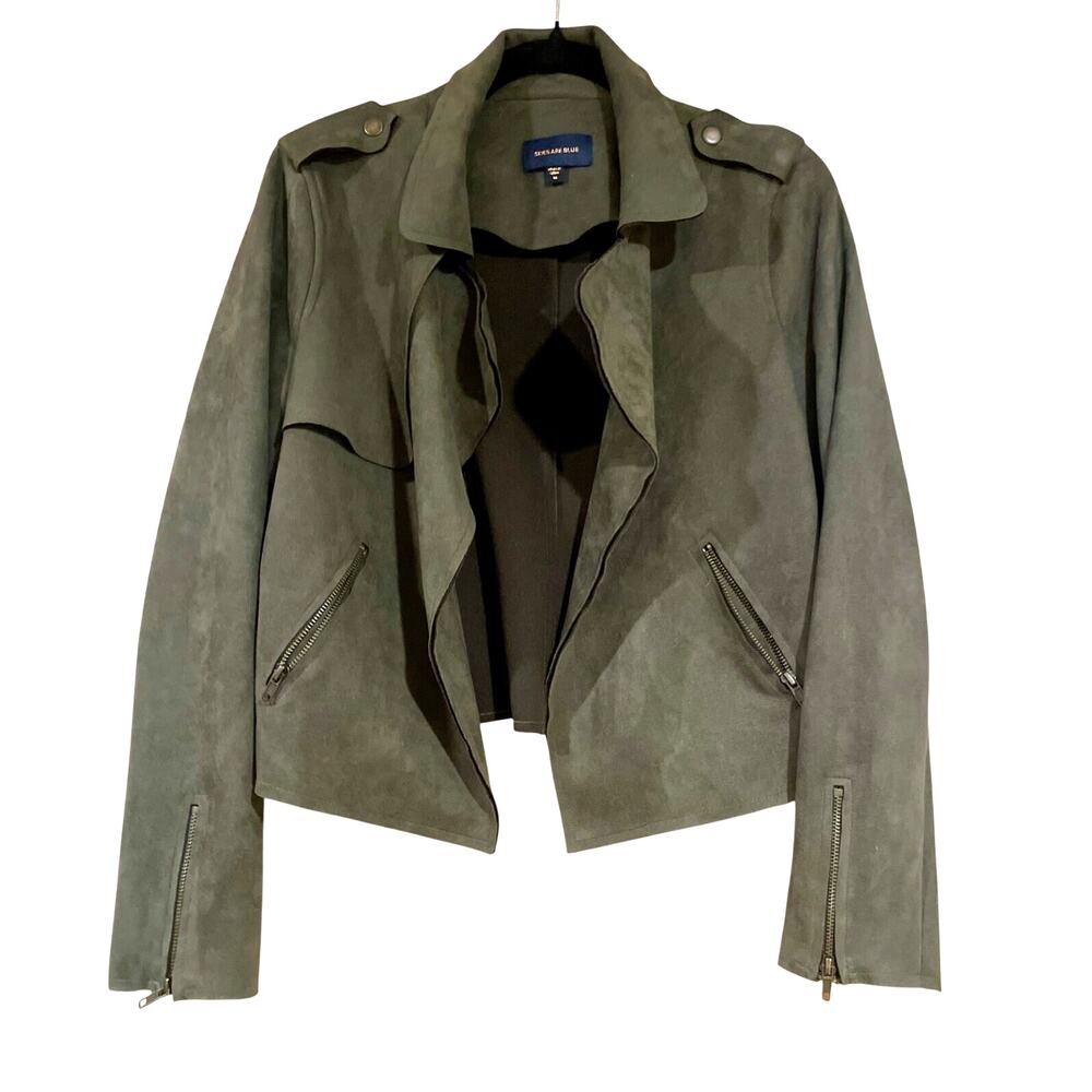 Womens Sz M Skies Are Blue Olive Suede‑Like Open Front Jacket Zippered Cuffs EUC
